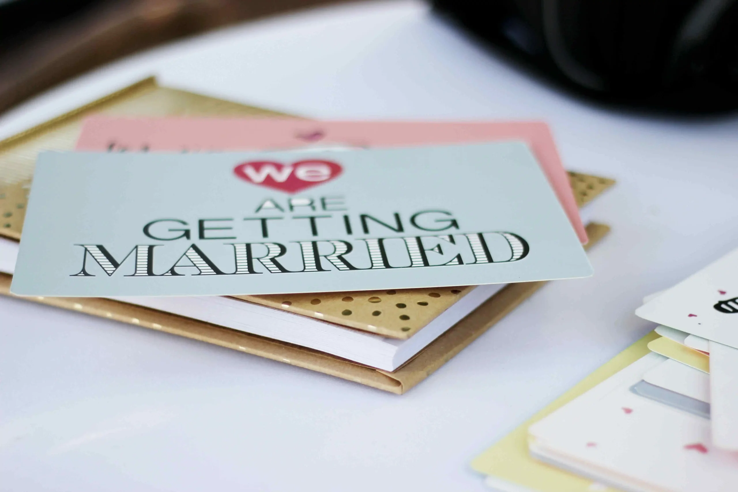 Wedding invitation on top of gold planner
