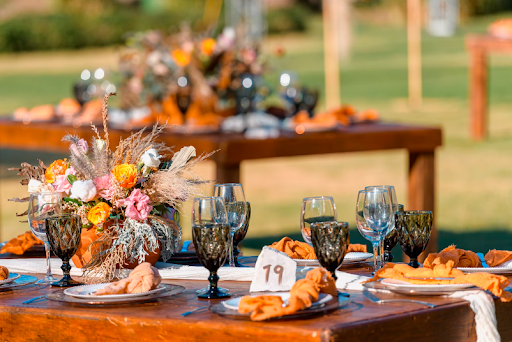 Rustic wedding tables with flowers